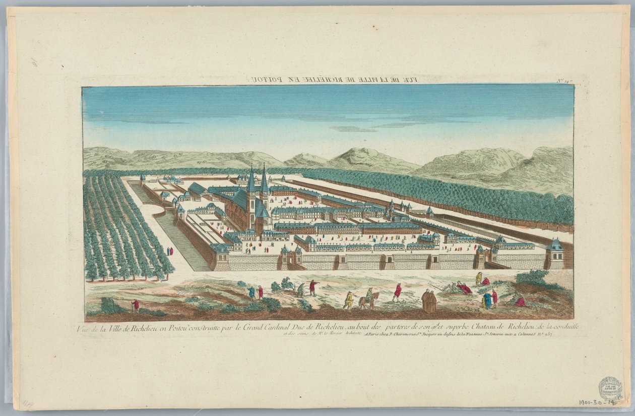 Peep-show, udsigt over byen Richelieu i Poitou bygget af storkardinalhertugen af ​​Richelieu, for enden af ​​Parteres de Sougid og Superb Chateau de Richelieu de la Conduitte, nr. 147 af Unknown artist