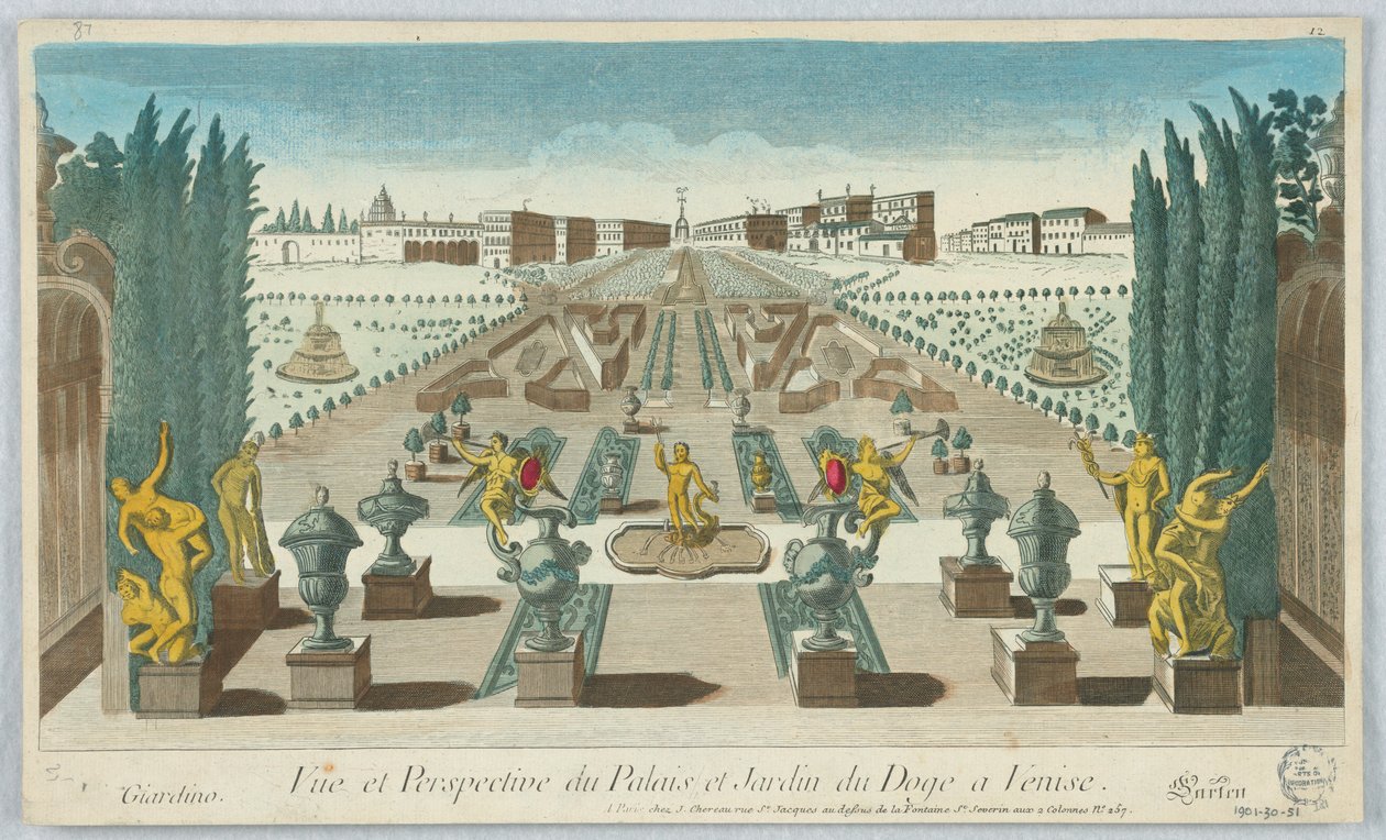 Peep-show, udsigt og perspektiv af dogens palads og have i Venedig, Giardino, Gartea, 12 af Unknown artist