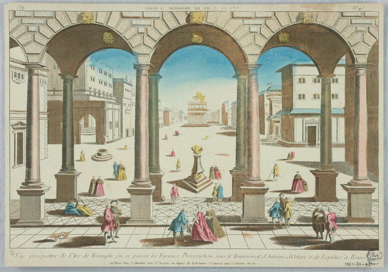 Peep-show, perspektivisk udsigt over Triumfbuen, hvor den rasende forbud fandt sted under Antonius, Octavian og Lepidus