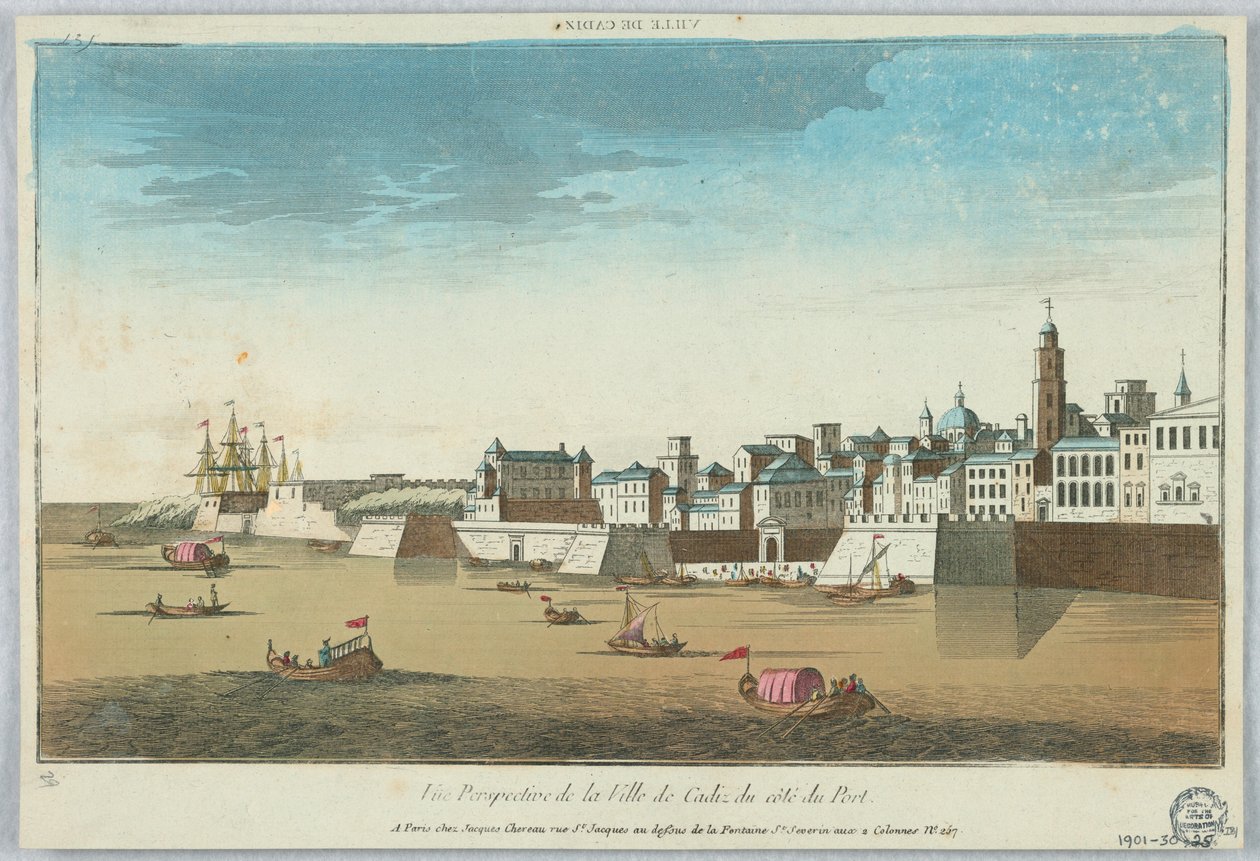 Peep-show, perspektivisk udsigt over byen Cadiz fra havnekysten af Unknown artist
