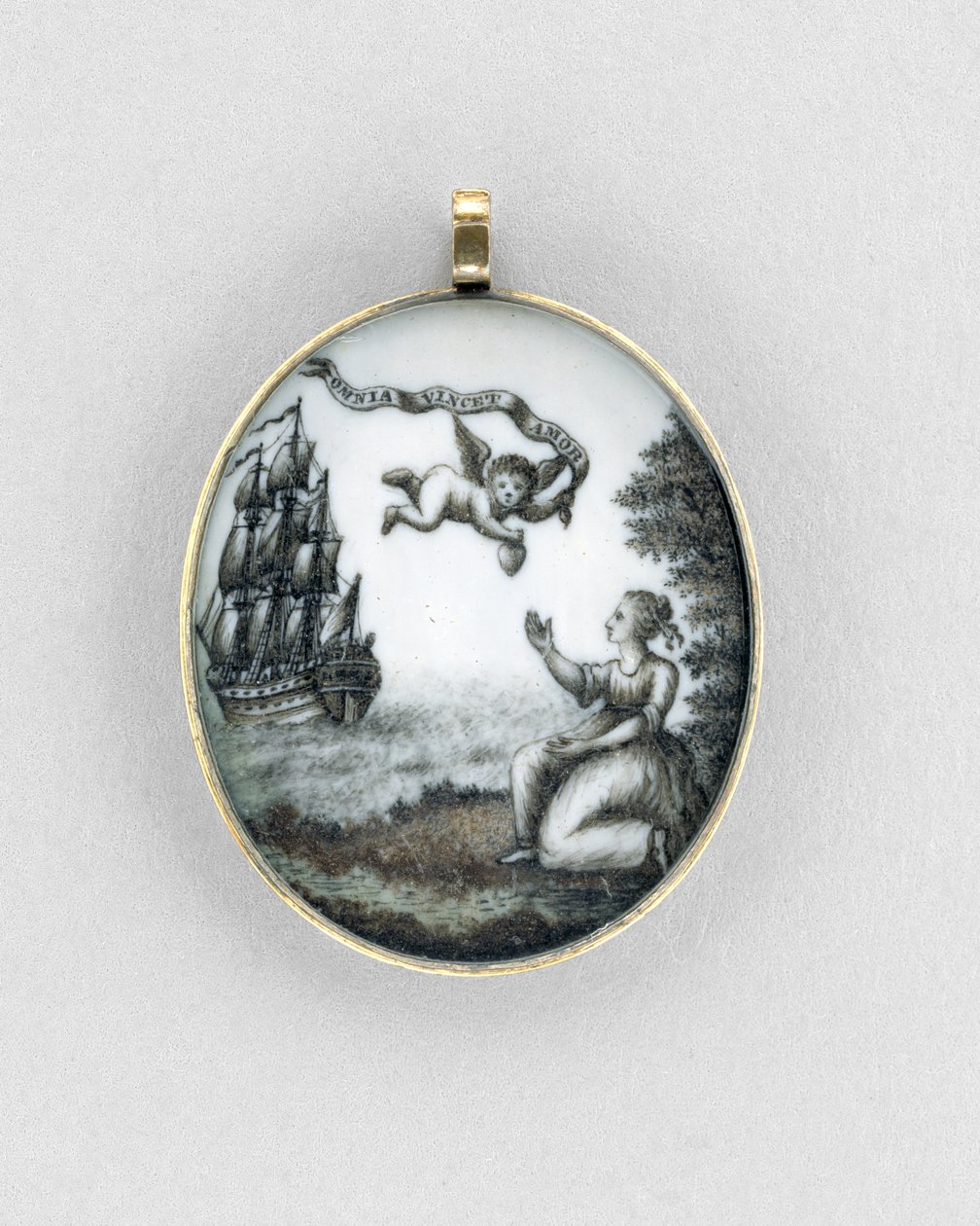 Vedhæng, ca. 1750 (sepia på elfenben, guld, hår og glas) af Unknown artist