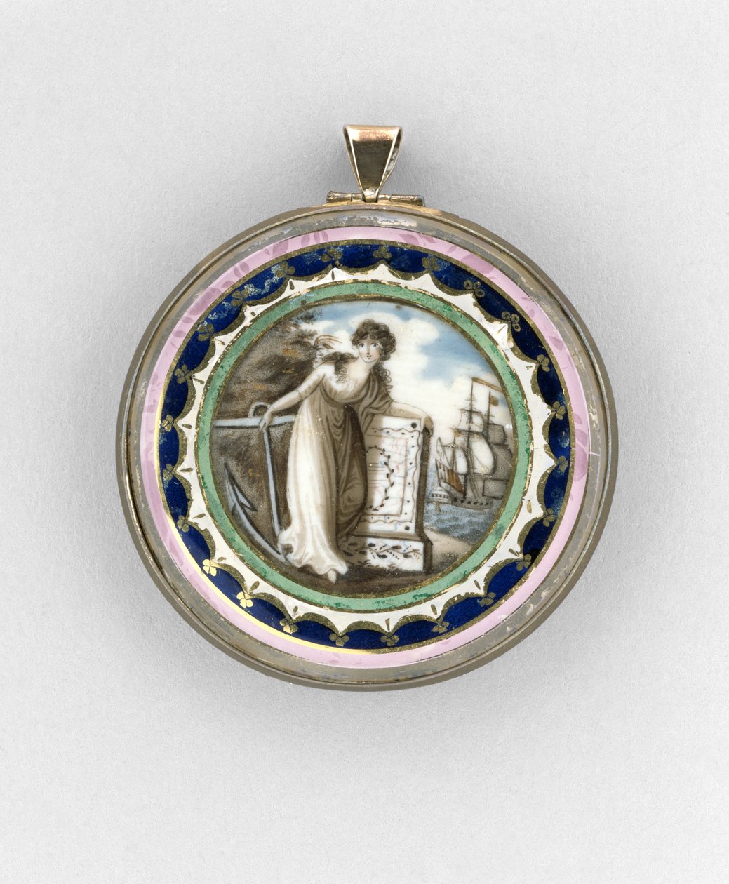 Vedhæng, ca. 1780 (sepia og akvarel på elfenben, forgyldt kobber, emalje, hår og glas) af Unknown artist