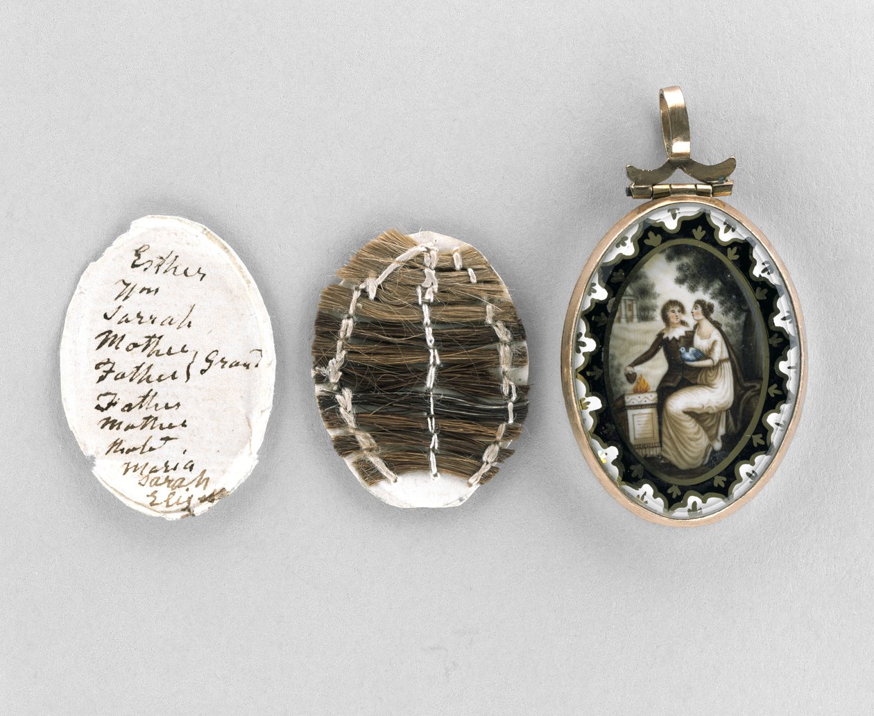Vedhæng, ca. 1800 (akvarel på elfenben, emalje, hår, forgyldt, silke og glas) af Unknown artist