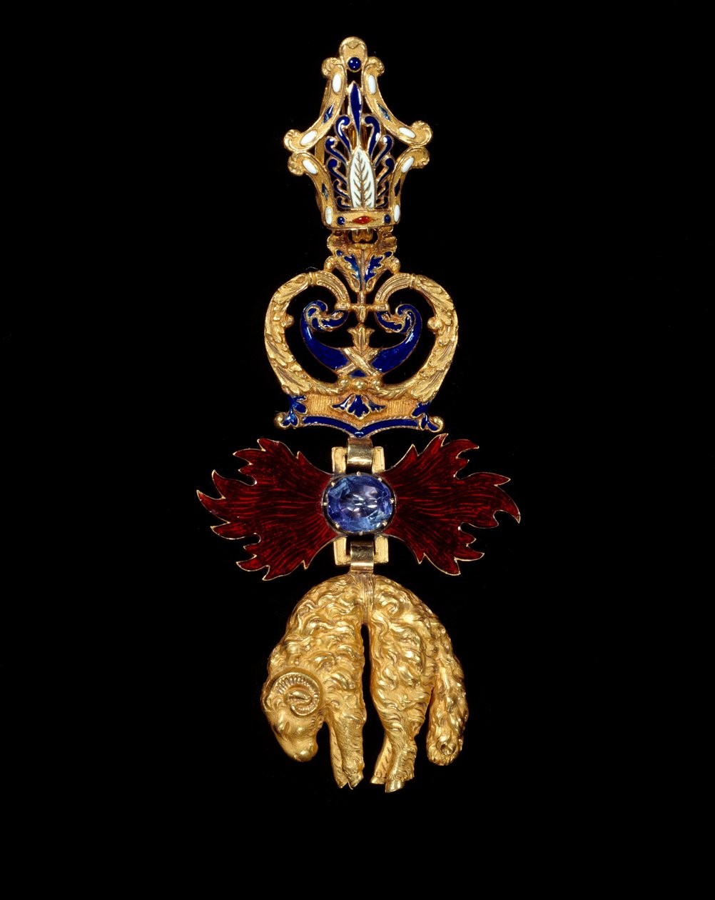 Vedhæng af ridderordenen af det gyldne skind grundlagt af Philippe den Gode, hertugen af Bourgogne i 1430. Det er en rest af belier og flammer. 1856 Paris, museum for Legion d