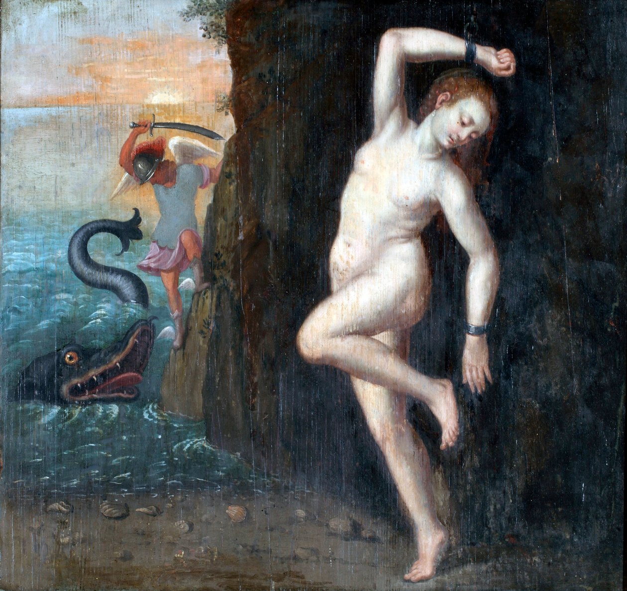 Persee et Andromede - Perseus og Andromeda par Anonymous, ca. 1600 - Olie på træ, 62x65,4 - Ptuj Ormo_ Regional Museum af Unknown artist