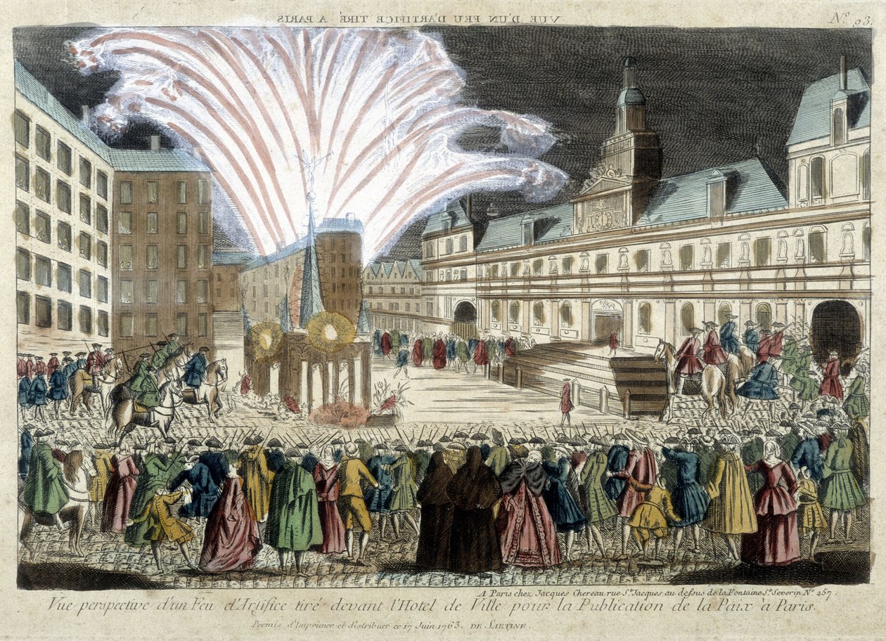 Perspektiv af et fyrværkeri foran Hôtel de Ville til udgivelsen af Peace in Paris af Unknown artist