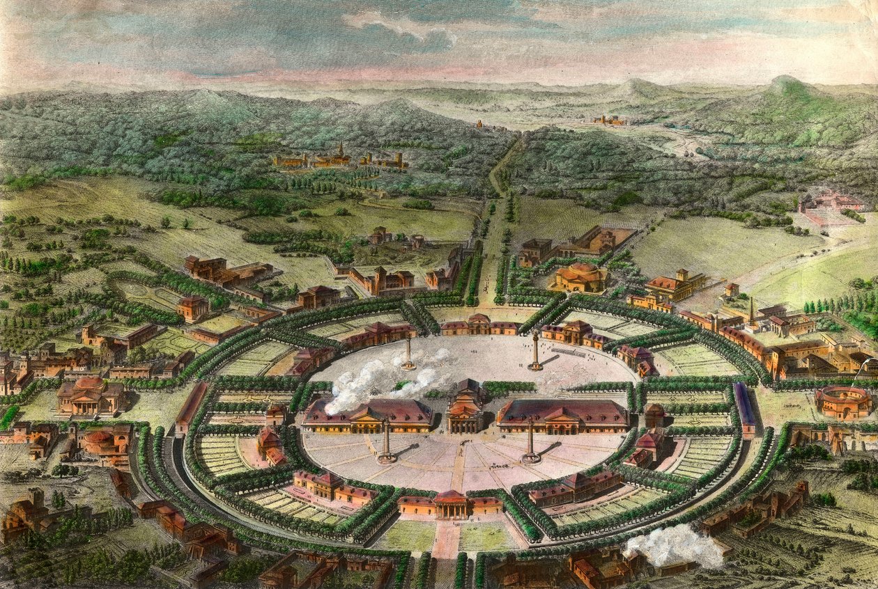Perspektivbillede af Royal Salts of Arc og Senans (Arc-et-Senans) nær Chaux bygget af Claude Nicolas Ledoux (1736-1806) i 1774. Indgravering efter "Historien om fransk arkitektur, fra renæssancen til revolutionen" 1804 Privat samling af Unknown artist