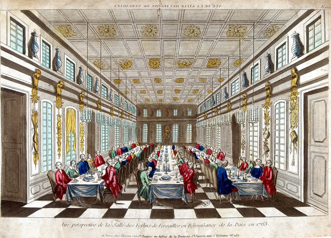 Perspektiv udsigt over Salle des Festins de Versailles til fejring af freden i 1763 mellem Storbritannien, Frankrig og Spanien. af Unknown artist