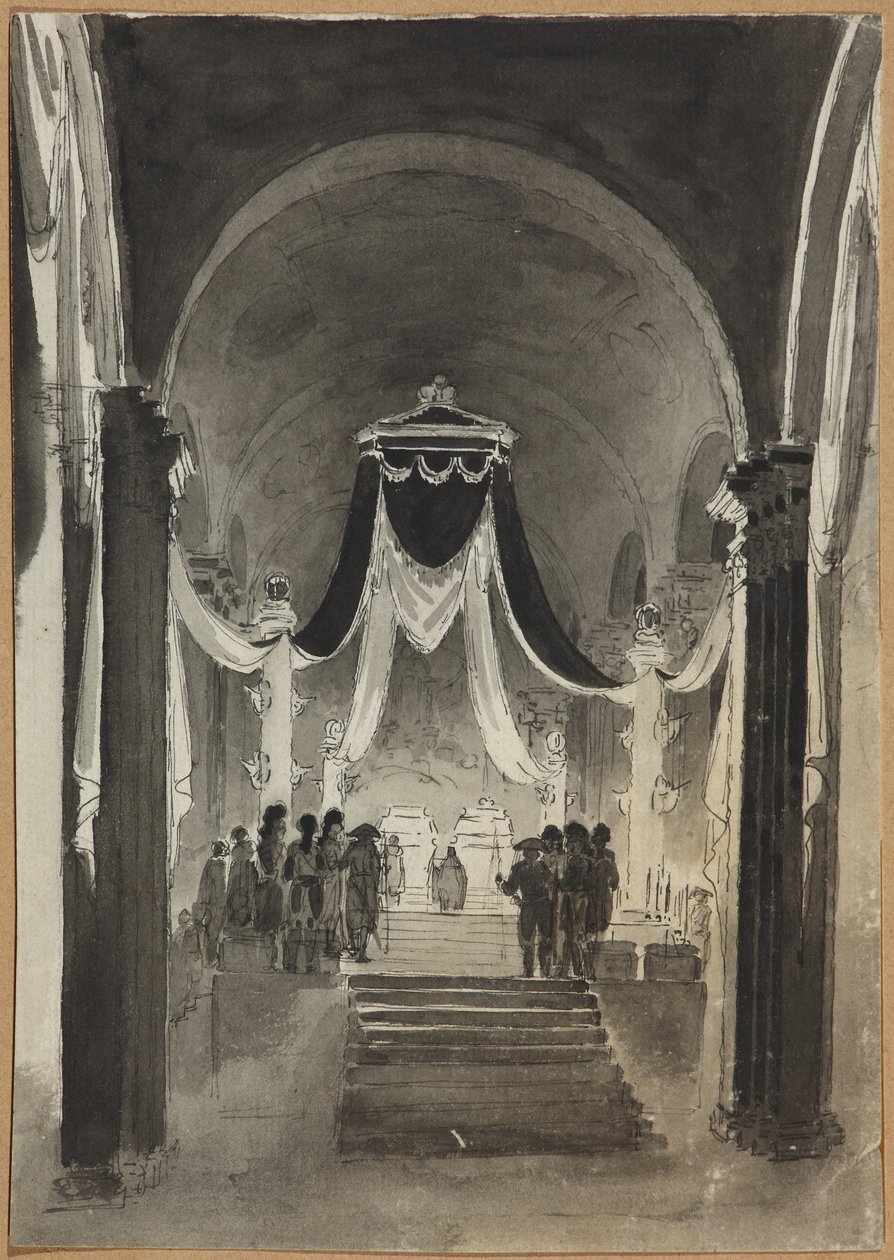 Peter og Paul-katedralens udsmykning til begravelsesceremonien for Peter III og Catherine II - Anonym. Pen, pensel, akvarel, blæk på papir af Unknown artist