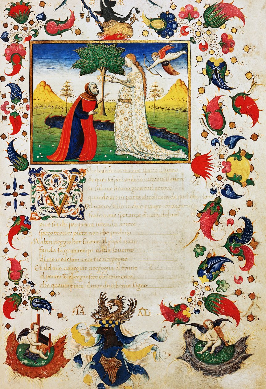 Petrarca ramt af Amors pil og iført laurbærkrone, introduktion til sonetten Du som hører lyd, i spredte rim, fra Trionfi af Francesco Petrarca (1304-1374), belyst side fra 1400-tallets manuskript af Unknown artist