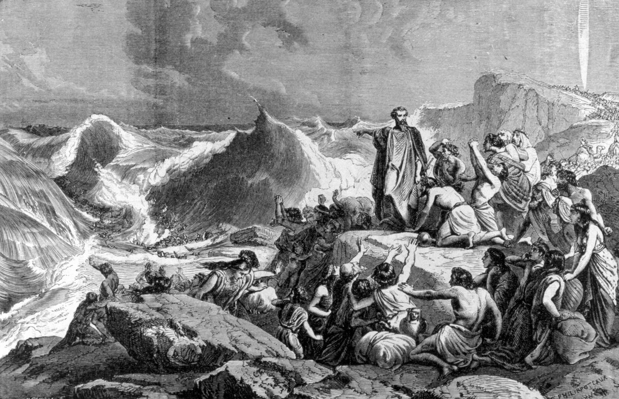 Farao nedsænket i Det Røde Hav. 1800-tals gravering. af Unknown artist