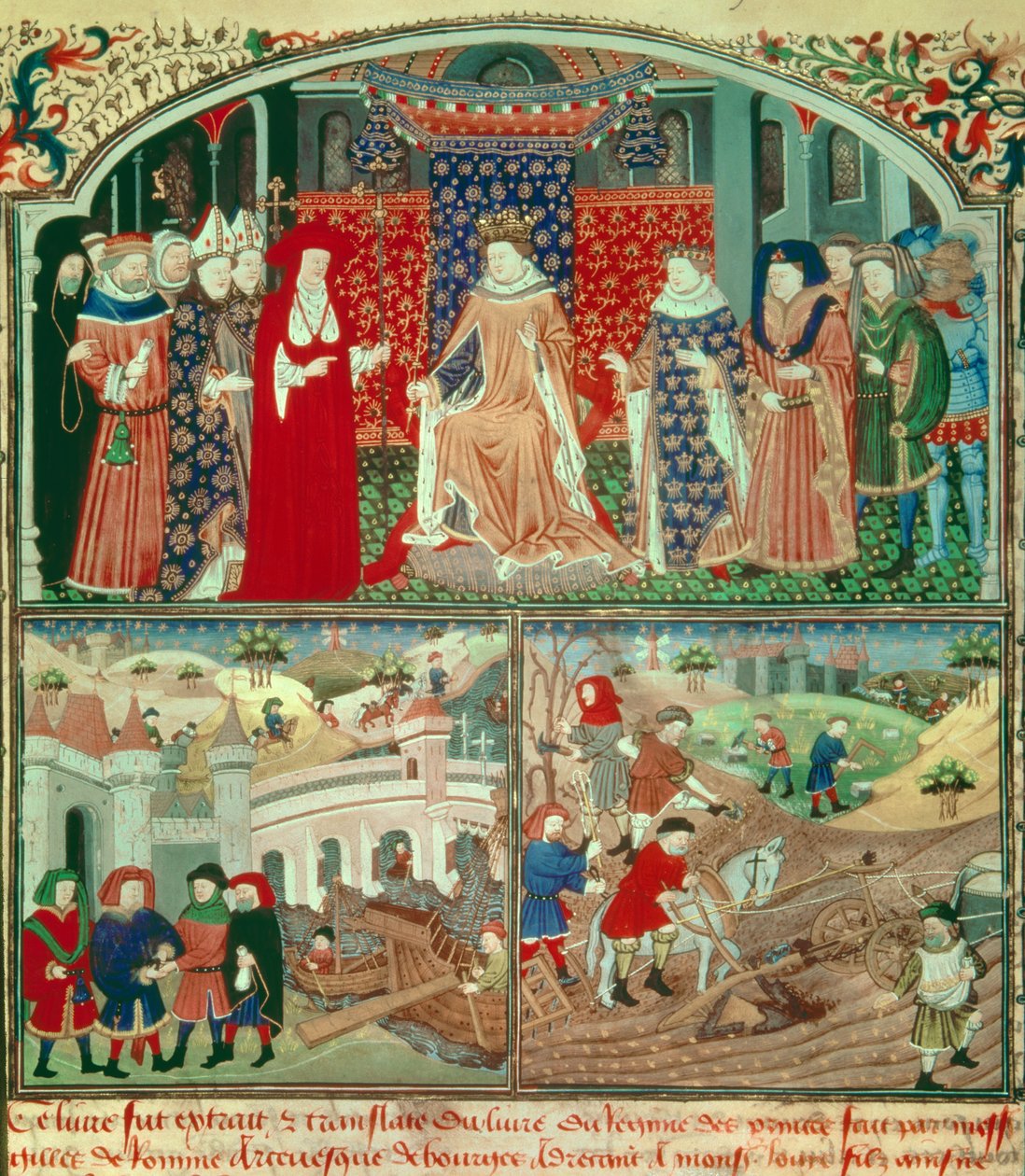 Philippe the Bel trunant (1268-1314) med pløjescene og købmandsscene. Miniature i "" Livre du régime des princes"" af Gilles de Rome (v.1247-1316), Paris, B N af Unknown artist