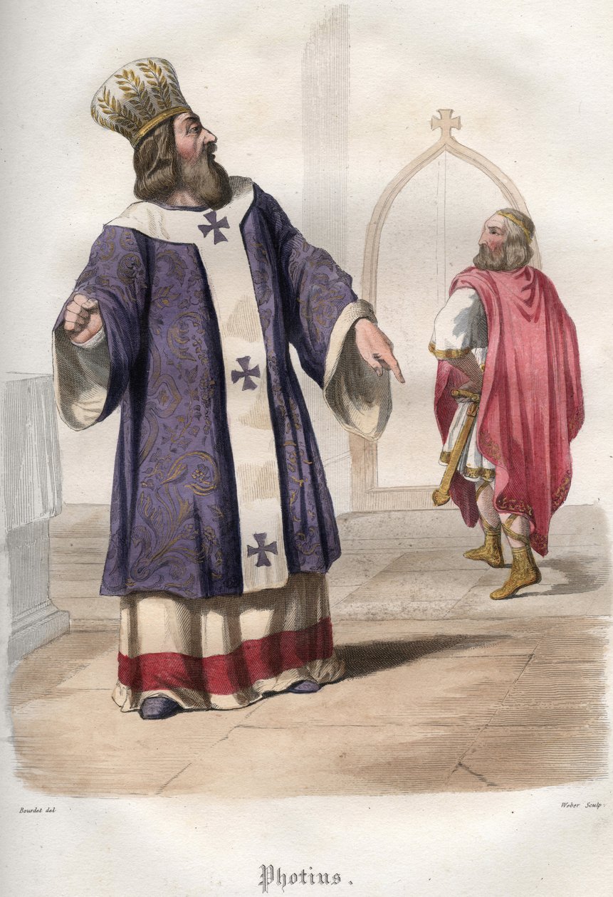 Photios I (Photius, Fotios) (810-893), patriark af Konstantinopel, fordrev den byzantinske kejser Basil I den makedonske (813-886) fra kirken efter mordet på kejser Michael III i 867. af Unknown artist