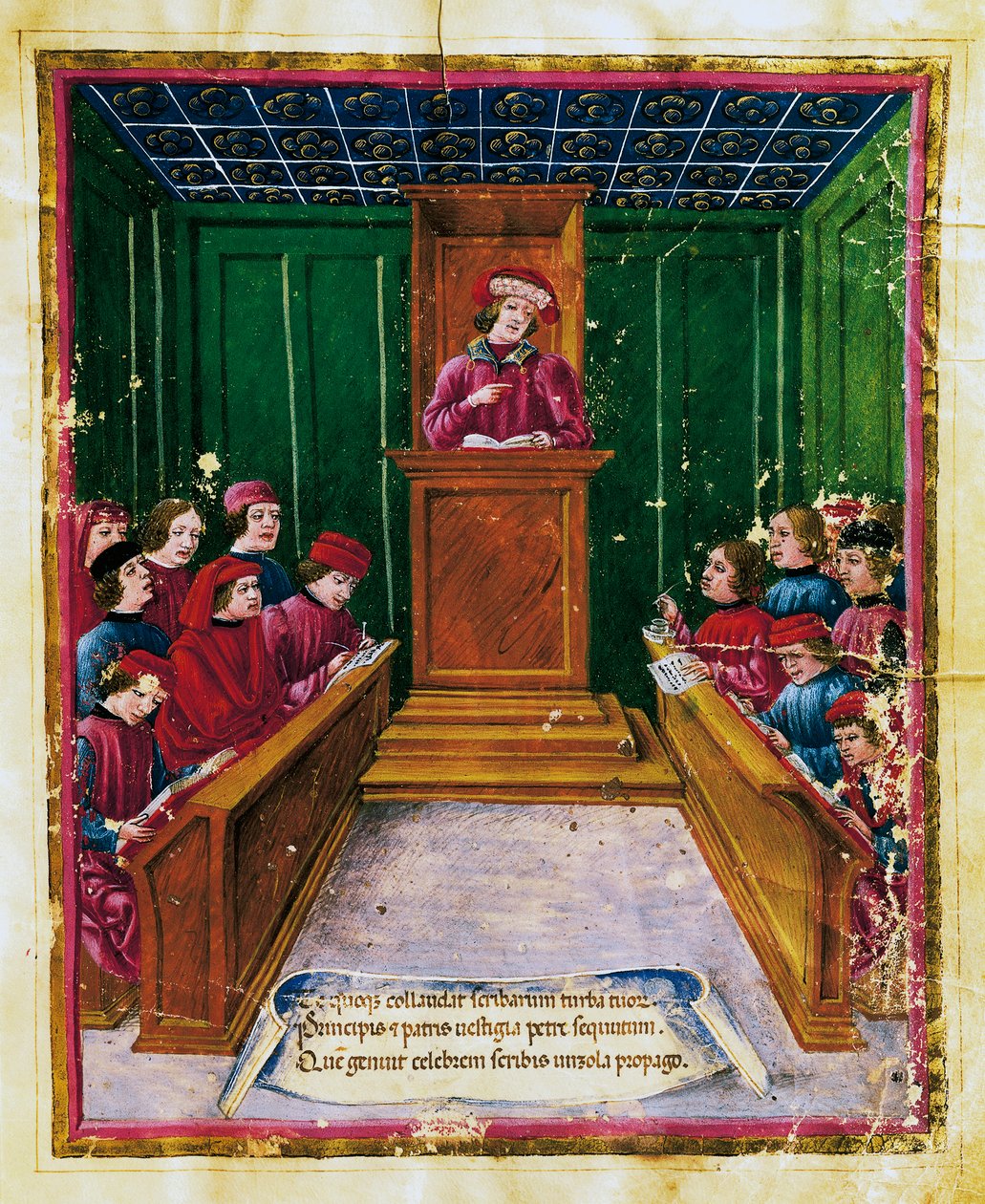 Pietro da Unzola forelæser fra juridisk tekst til elever under juraforelæsning ved universitetet i Bologna, miniature fra Liber iurium et privilegiorum notariorum Bononiae manuskript, Italien af Unknown artist