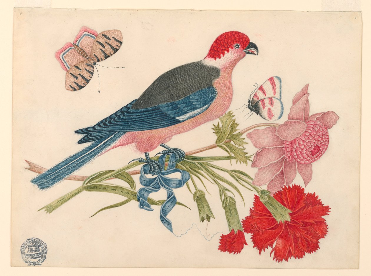 Pink, rød, blå og sort fugl på gren med blomster og sommerfugle af Unknown artist