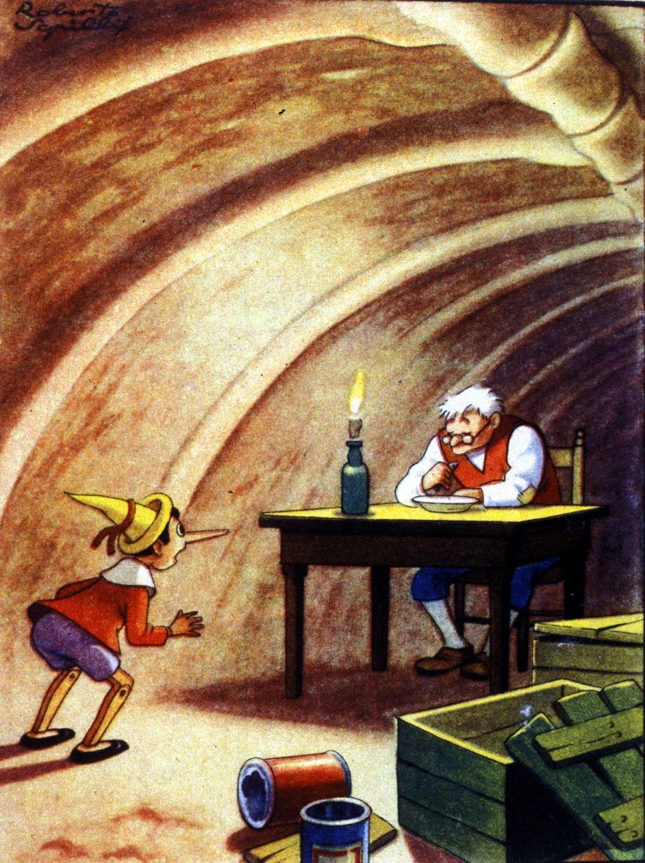 Pinocchio finder sin far i bughulen af en enorm fisk. Illustration af Carlo Collodis fortælling. af Unknown artist