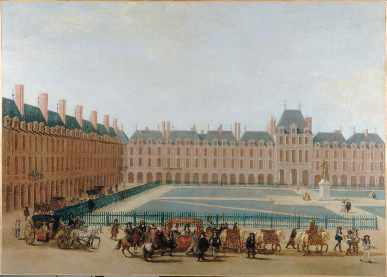 Place Royale, ca. 1660; passage af kongens karet. Nuværende Place des Vosges, 4. arrondissement, ca. 1655-1665 (olie på lærred) af Unknown artist