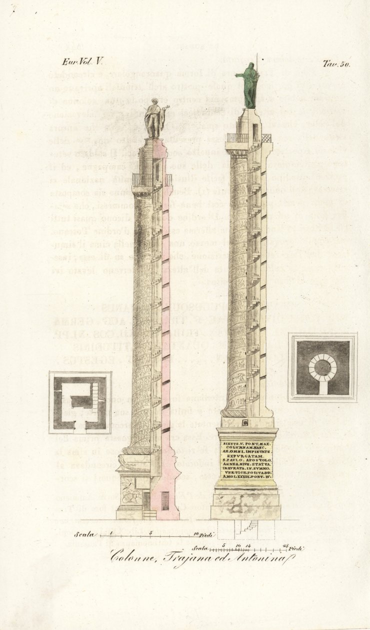 Plan and elevation of Trajan ?s Column and the Column of Marcus Aureliusdani af Unknown artist