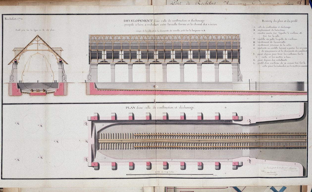 Plan over en bygning og grundstødning af havnen i Rochefort af Unknown artist