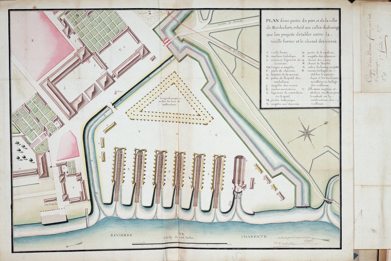 Plan over en del af havnen og byen Rochefort vedrørende de foreslåede strandingsspor mellem den gamle form og fødekanalen af Unknown artist