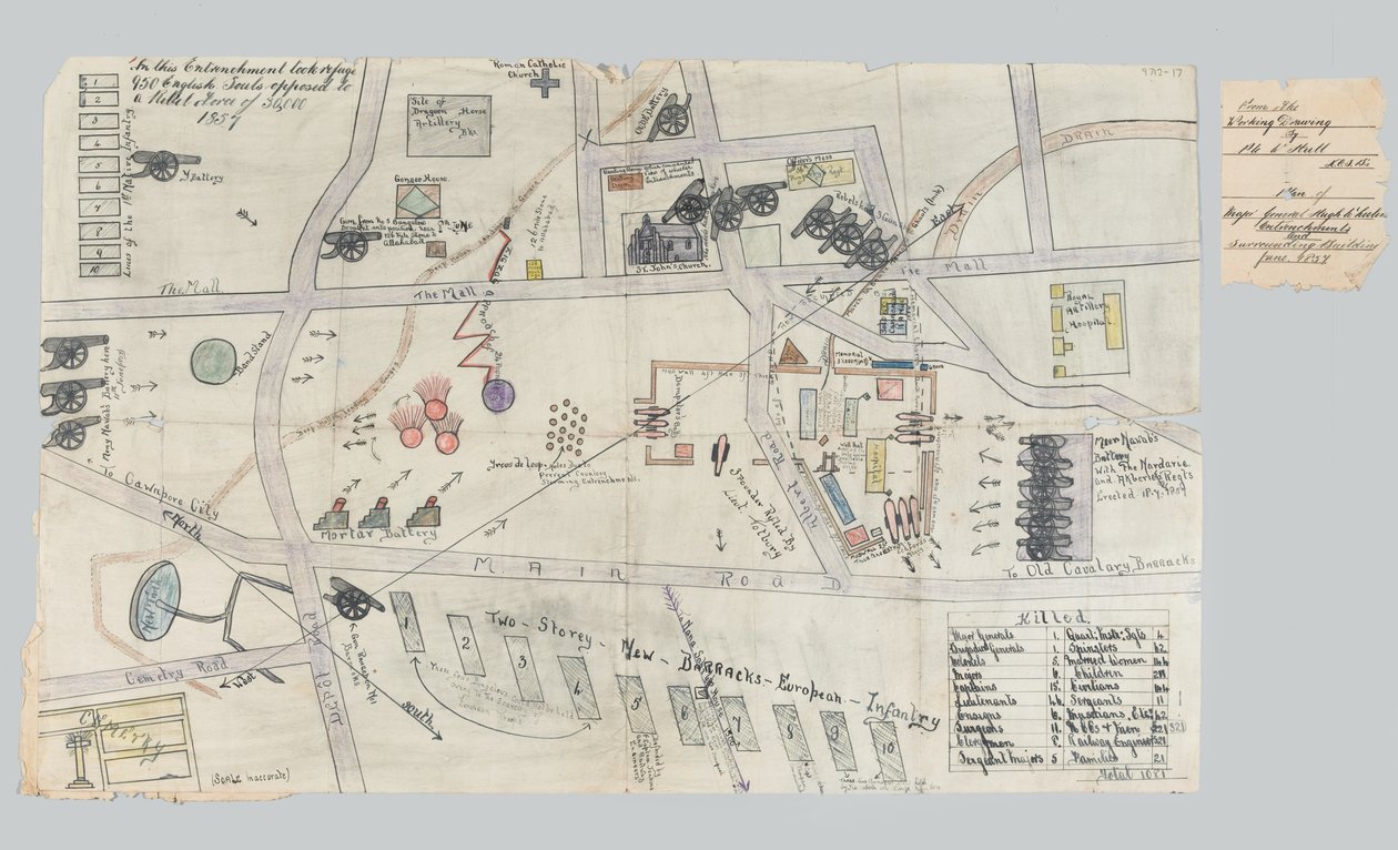 Plan over skanserne i Cawnpore, juni 1857 (papir) af Unknown artist