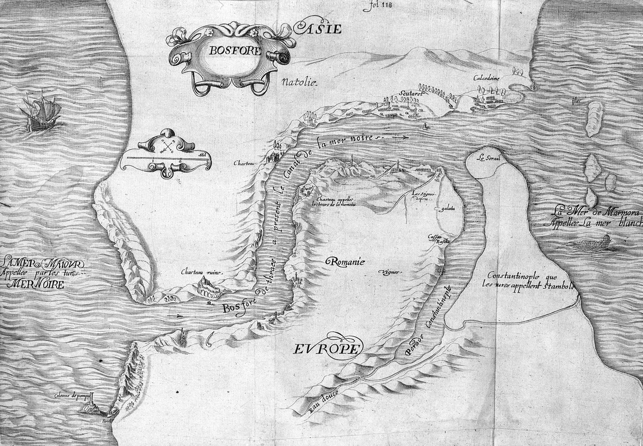 Plan, der viser Konstantinopel-strædet (nu Bosporus-strædet (Bosporos) - i "" Voyage de levant foretaget på kommando af kongen i år 1621", redigeret i 1629 (under Ludvig XIII Le Justes regeringstid) af Unknown artist
