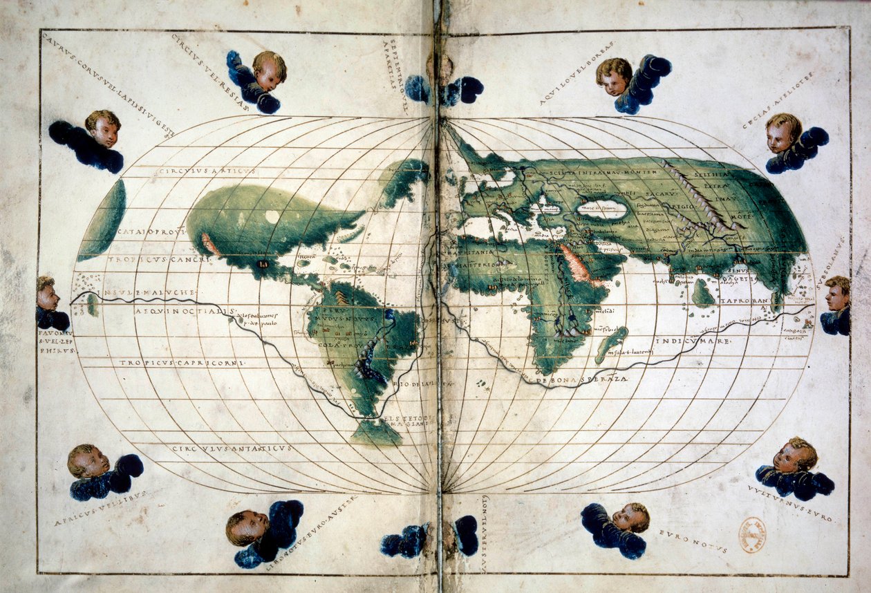 Planisfære (eller verdenskort). Geografisk kort fra Atlas of Battista Agnese (1500-1564), ca. 1543. Paris, B.N. af Unknown artist