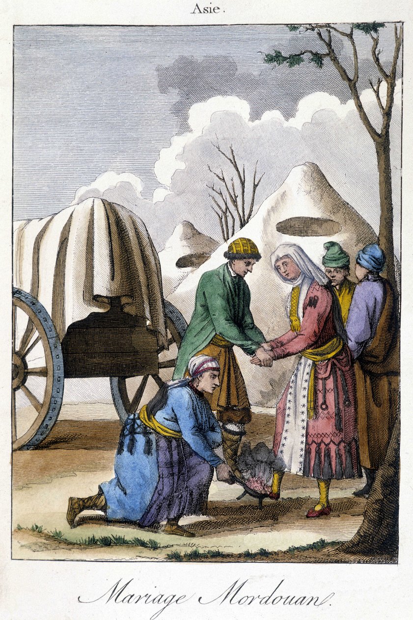 Tavle fra 1811, der illustrerer et ægteskab i Mordovia af Unknown artist