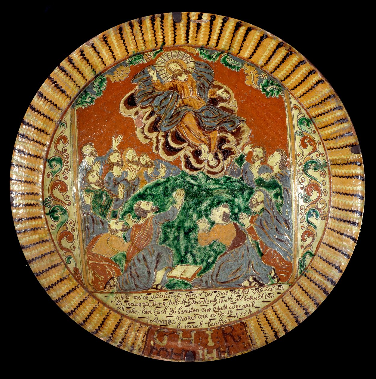 Plade i lakeret jord, der repræsenterer Kristi Himmelfart. 1752. Sevres, Nationalmuseet for Keramik af Unknown artist