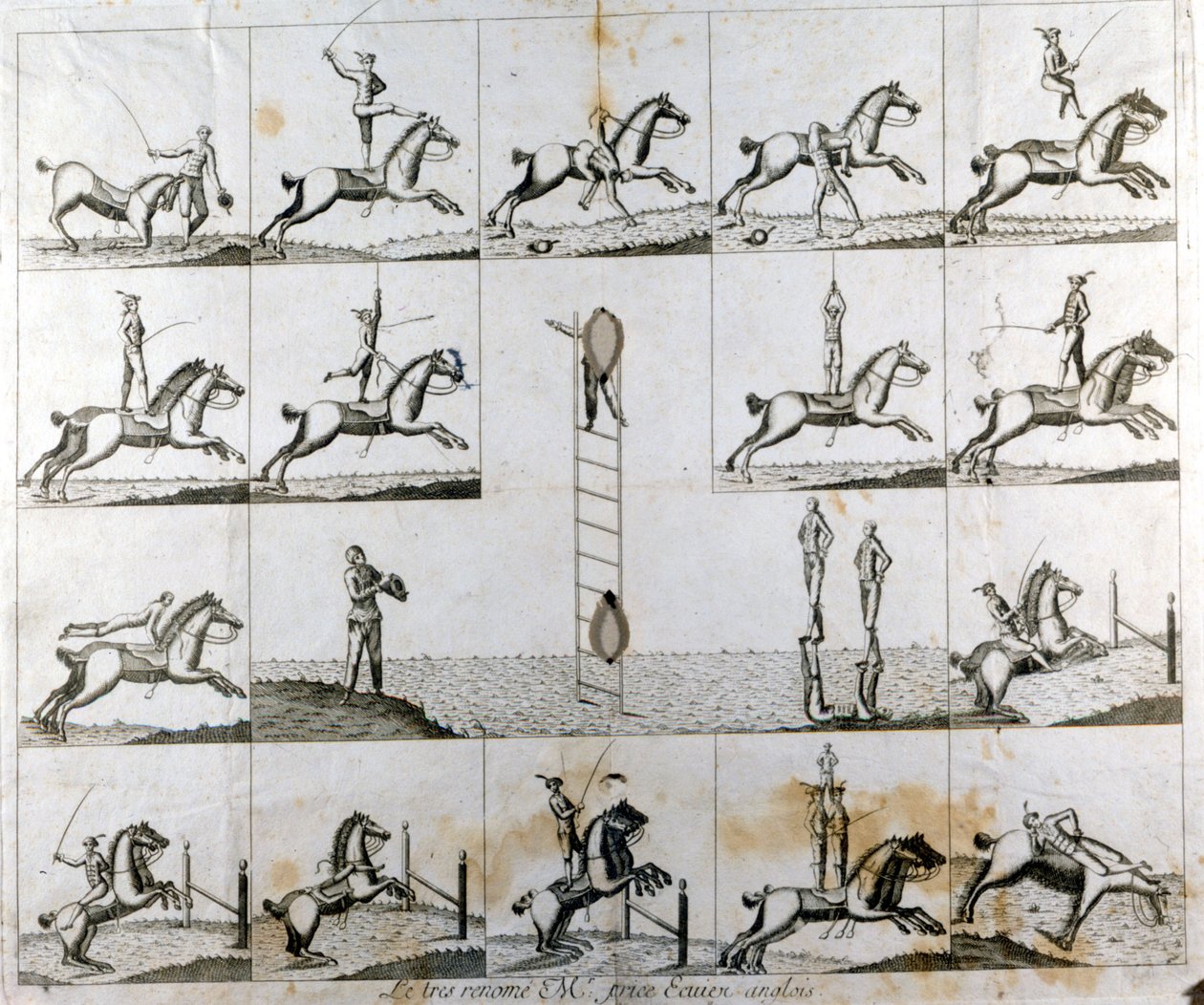 Plade med 19 tryk, der viser den engelske voltiger Mr Prices dygtighed. 1790 ca. af Unknown artist