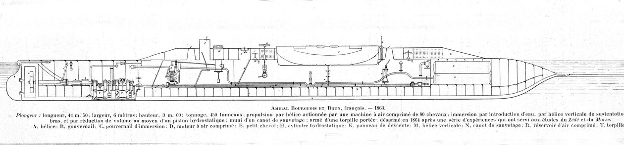 Plade, der repræsenterer den franske ubåd (ubåd) Bourgeois og brun af Unknown artist