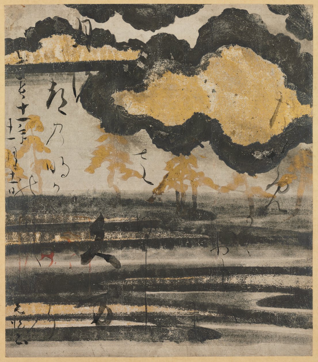 Digt-kort fra Shinkokin Wakashu (ny samling af japanske digte fra gammel og moderne tid) med design af fyrretræ på en strand af Unknown artist
