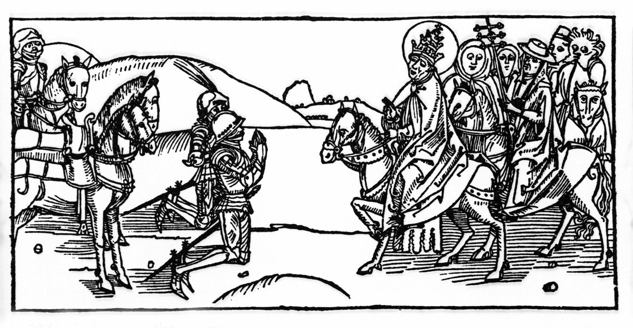 Pave Leo I møder Attila og stopper ham - Indgravering fra "Leben der Heiligen - sommerteil" (Helgenbogen) af Jacobus (James) af Voragine (1228-1298). Lübeck 1488. af Unknown artist