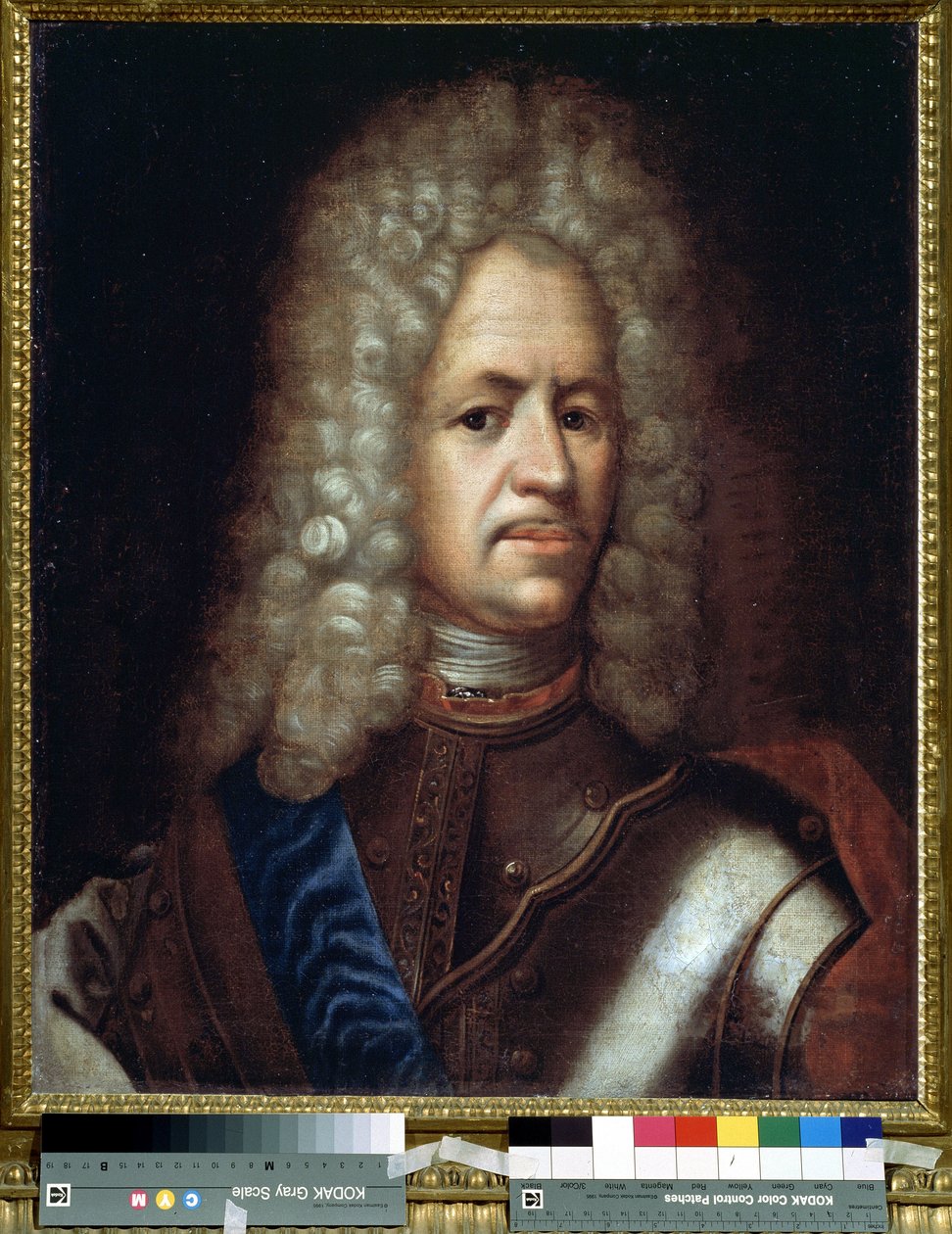 Portræt af Alexander Danilovich Menshikov, Generalissimo, Prins af Det Hellige Romerske Rige og hertug af Ungarn (1673-1729). Anonymt maleri. Olie på lærred, 61 x 50 cm, omkring 1720. Rokoko kunst. Statens Historiske Museum, Moskva. af Unknown artist