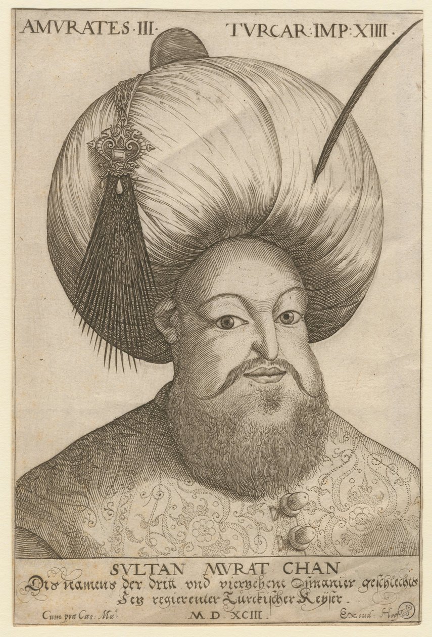 Portrait de Mourad III (1546-1595), sultan ottoman - Murad III (1546-1595), Sultan af Osmannerriget - Anonym - 1593 - Radering - 18,5x12,3 - Privat samling af Unknown artist