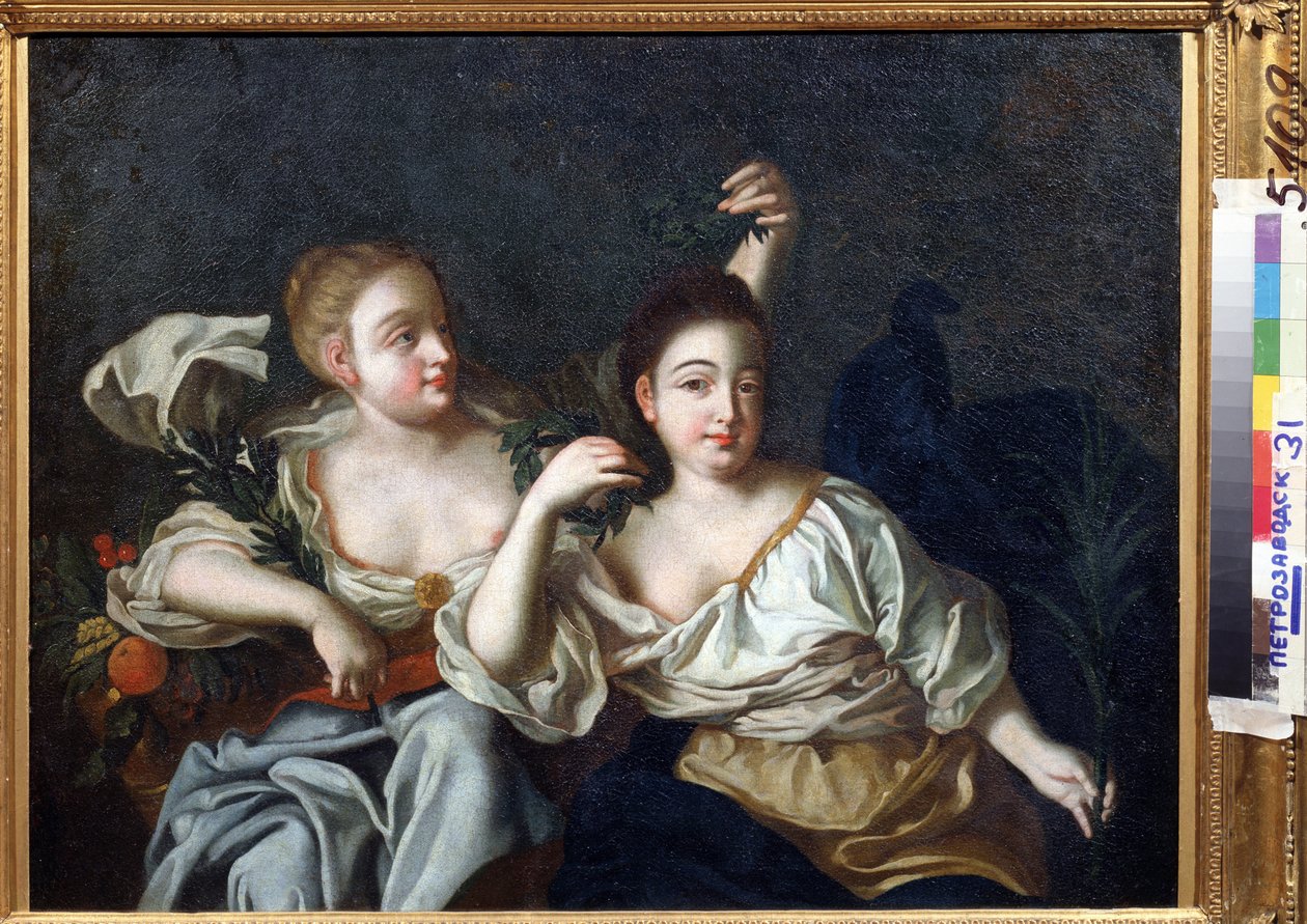 Portræt af kejser Peter den Stores døtre (Portræt af Peter den Stores døtre). Anonymt maleri. Olie på lærred, 69 x 84 cm, begyndelsen af ​​1700-tallet. Statens Kunstmuseum for Republikken Karelen, Petrosavodsk (Republikken Karelen). af Unknown artist