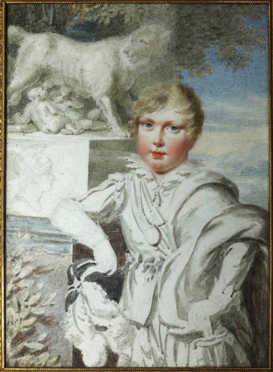 ""Portræt af prins Napoleon Francois Bonaparte (1811-1832) som et barn"" Portræt af kongen af ​​Rom Napoleon II, hertug af Reichstadt (1811-1832) søn af kejser Napoleon I (1769-1821) - Anonym akvarel rundt omkring Podstanitsky samling af Unknown artist