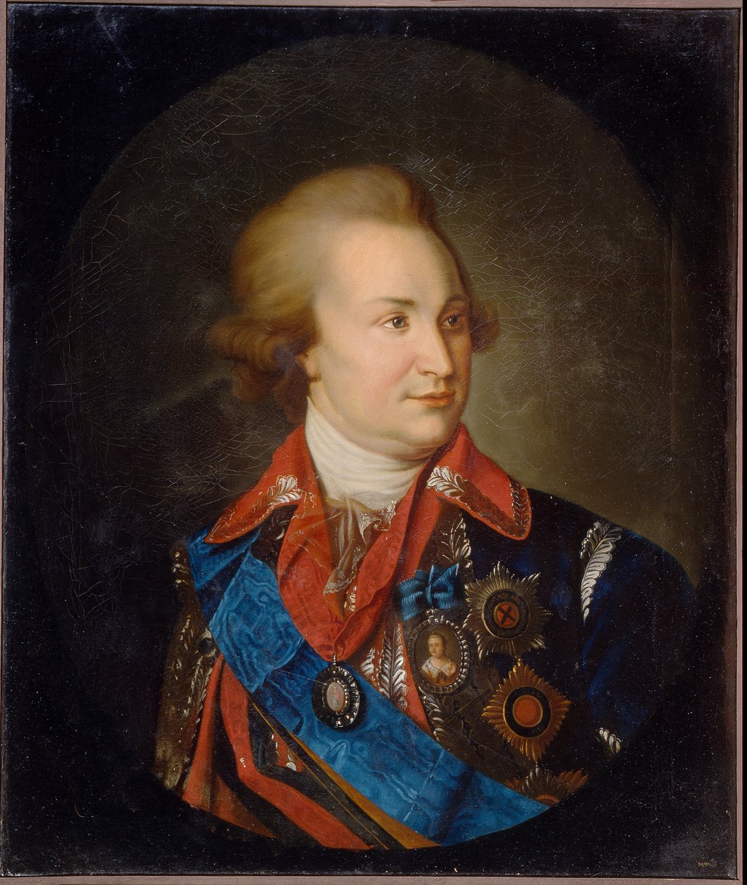 Portræt af prinsen af ​​Tauris, generalmarskal og statsmand, Grigori Aleksandrovich Potemkin (eller Potiomkin) (1739-1791). (Portræt af prins Tauris, generalfeltmarskal, statsmand G. A. Potyomkin). Tsarina Catherine II