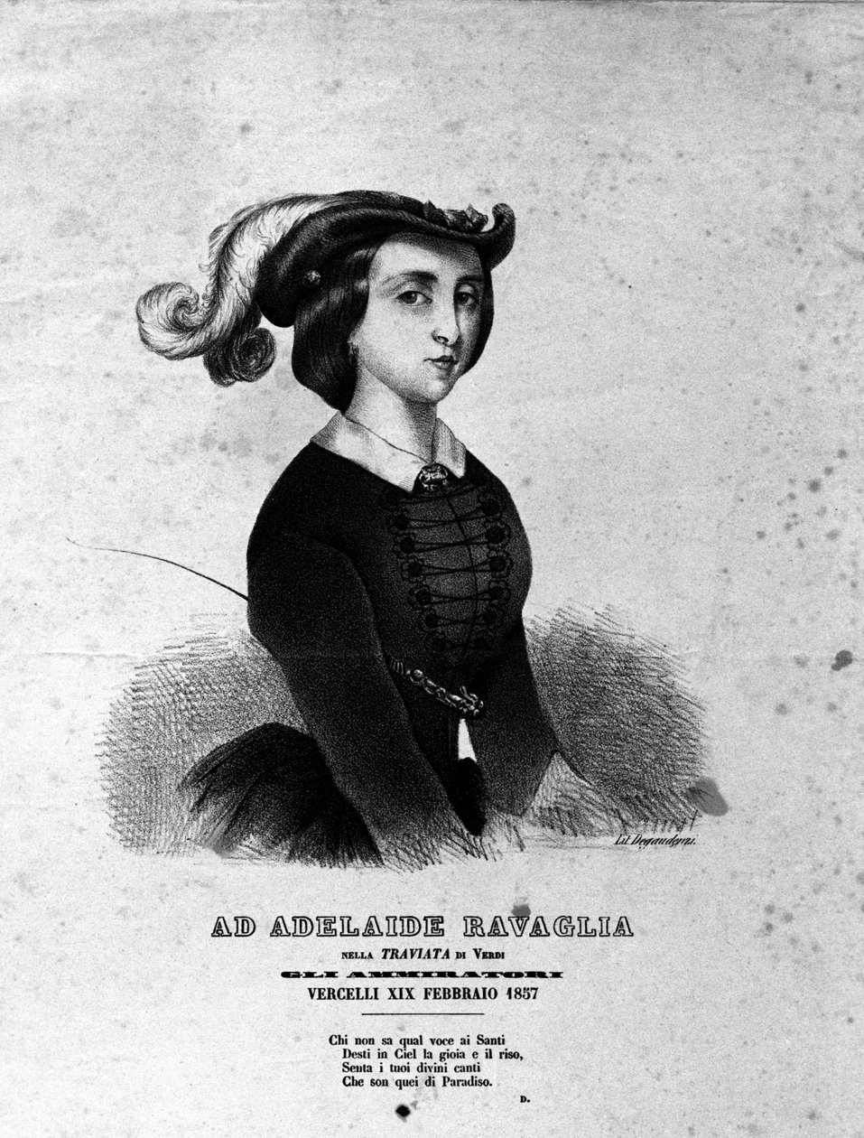 Portræt af Adelaide Ravaglia i repræsentationen af operaen "La Traviata"" af Giuseppe Verdi fra 1857. af Unknown artist