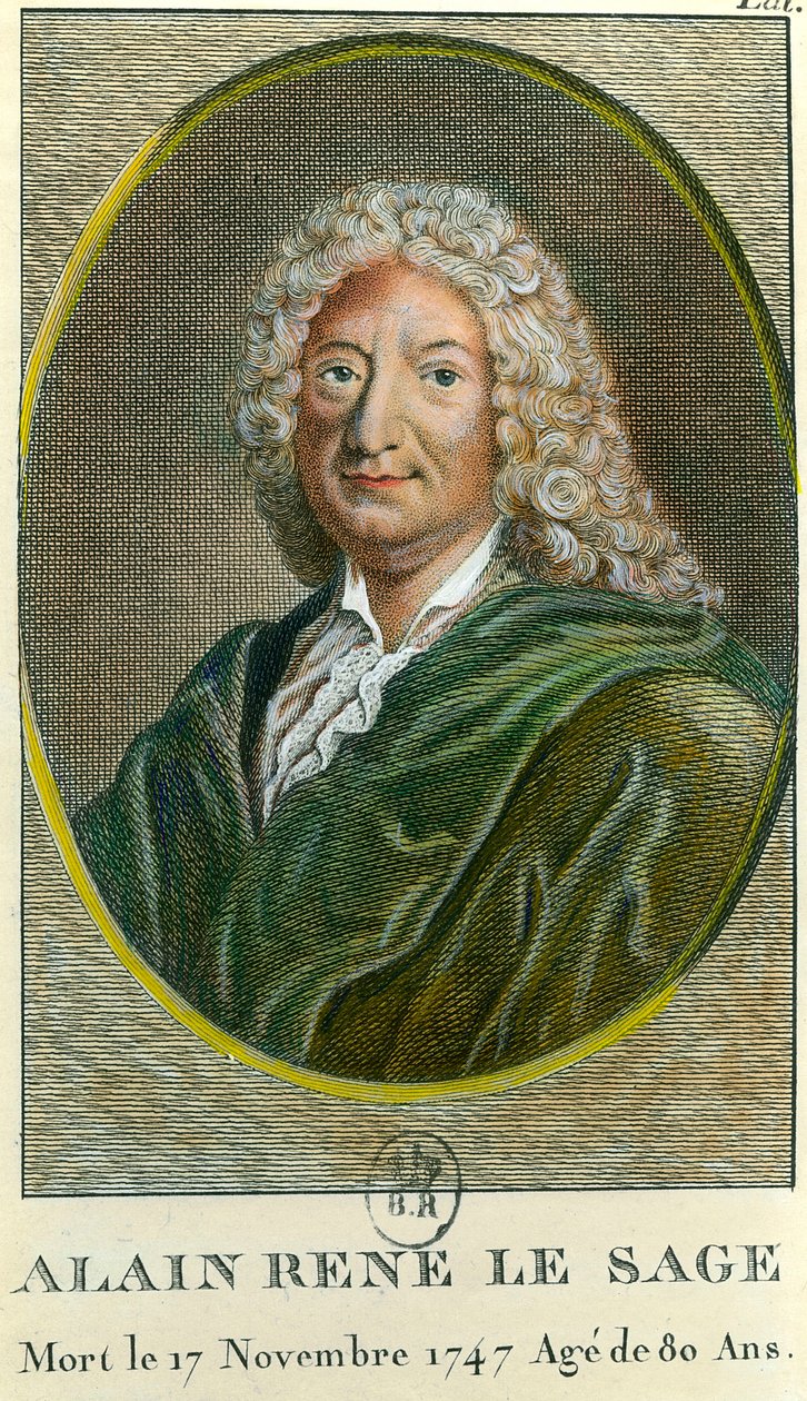 Portræt af Alain Rene Lesage (Alain-Rene Le Sage) (1668-1747) fransk forfatter. Stik af det 18. århundrede. Privat samling af Unknown artist