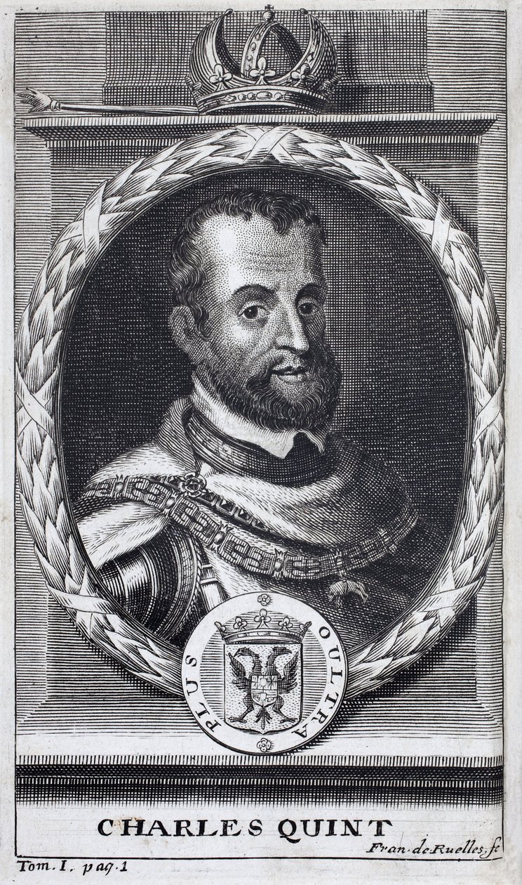 Portræt af Karl V (1500-1558), konge af Spanien og Spansk Amerika, konge af Sicilien og kejser af Det Hellige Romerske Rige germansk (1519-1556). Gravering til illustration af "Historien om krigen i Flandern", af Flamianus Strada, udgave Joseph T