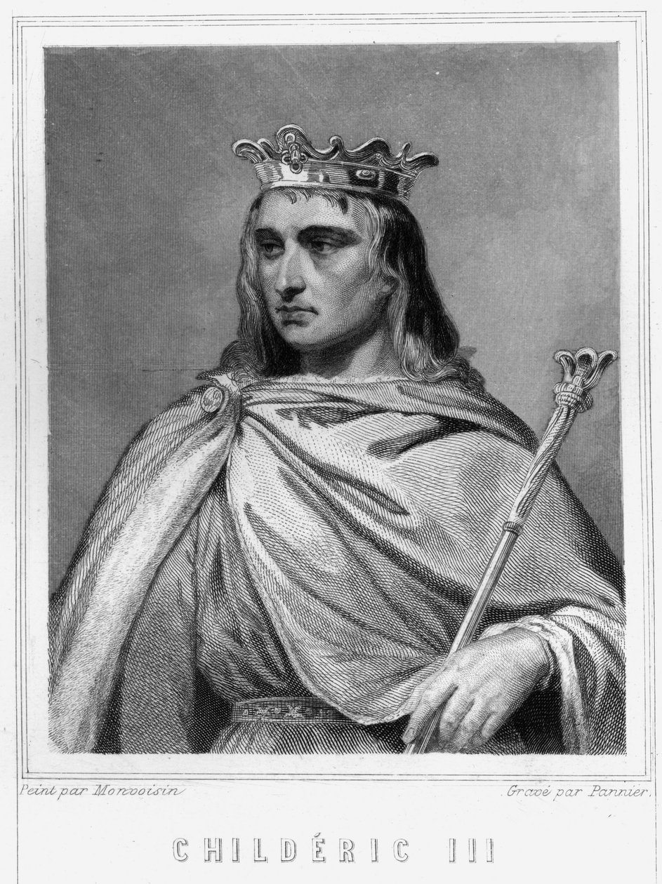 Portræt af Chilperic II (? - 755), frankernes konge, den første af karolingerne - i "Histoire des Francais" af Lavallee, stik, sd. af Unknown artist