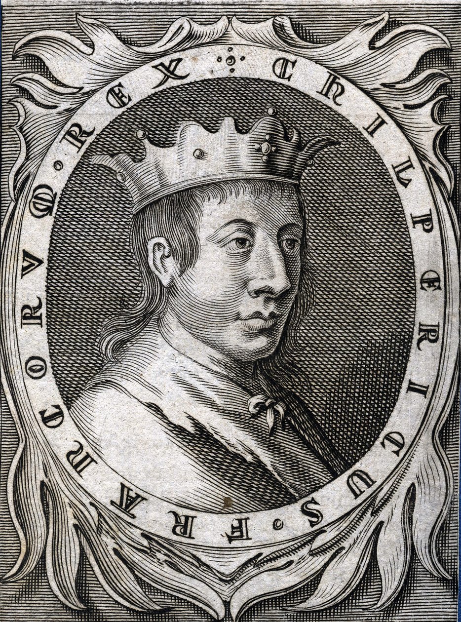 Portræt af Chilperic II (v. 670 - 721), konge af Neustrien. 1700-tals stik. af Unknown artist