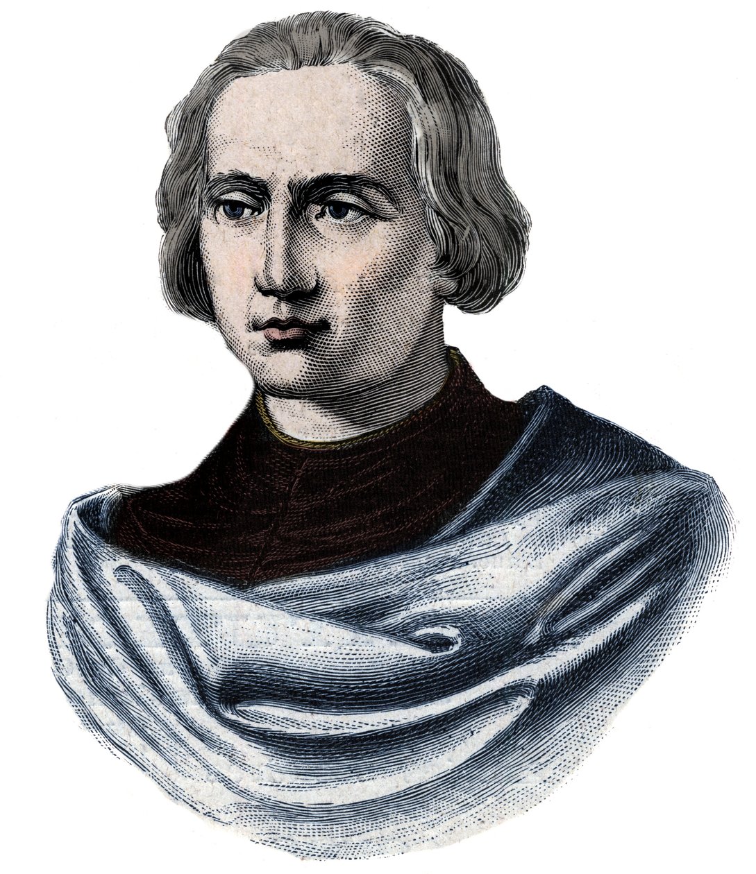Portræt af Christopher Columbus (Christopher Columbus, Cristoforo Colombo, Cristobal Colon) (1451-1506) Indgravering af det 19. århundrede af Unknown artist