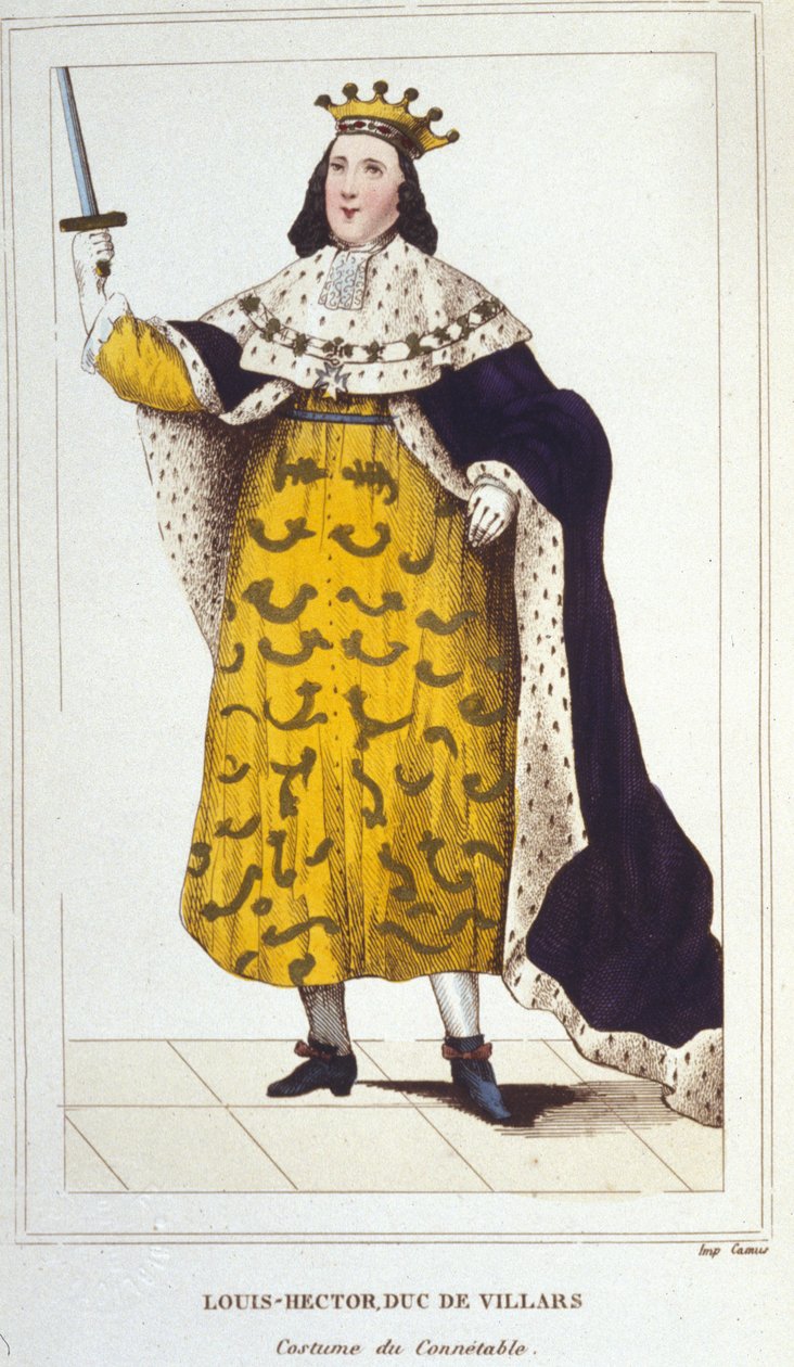 Portræt af Claude, Louis, Hector, hertug af Villars, Maréchal af Frankrig i kostume af Connetable (1653-1734) gravering af 1830 af Unknown artist