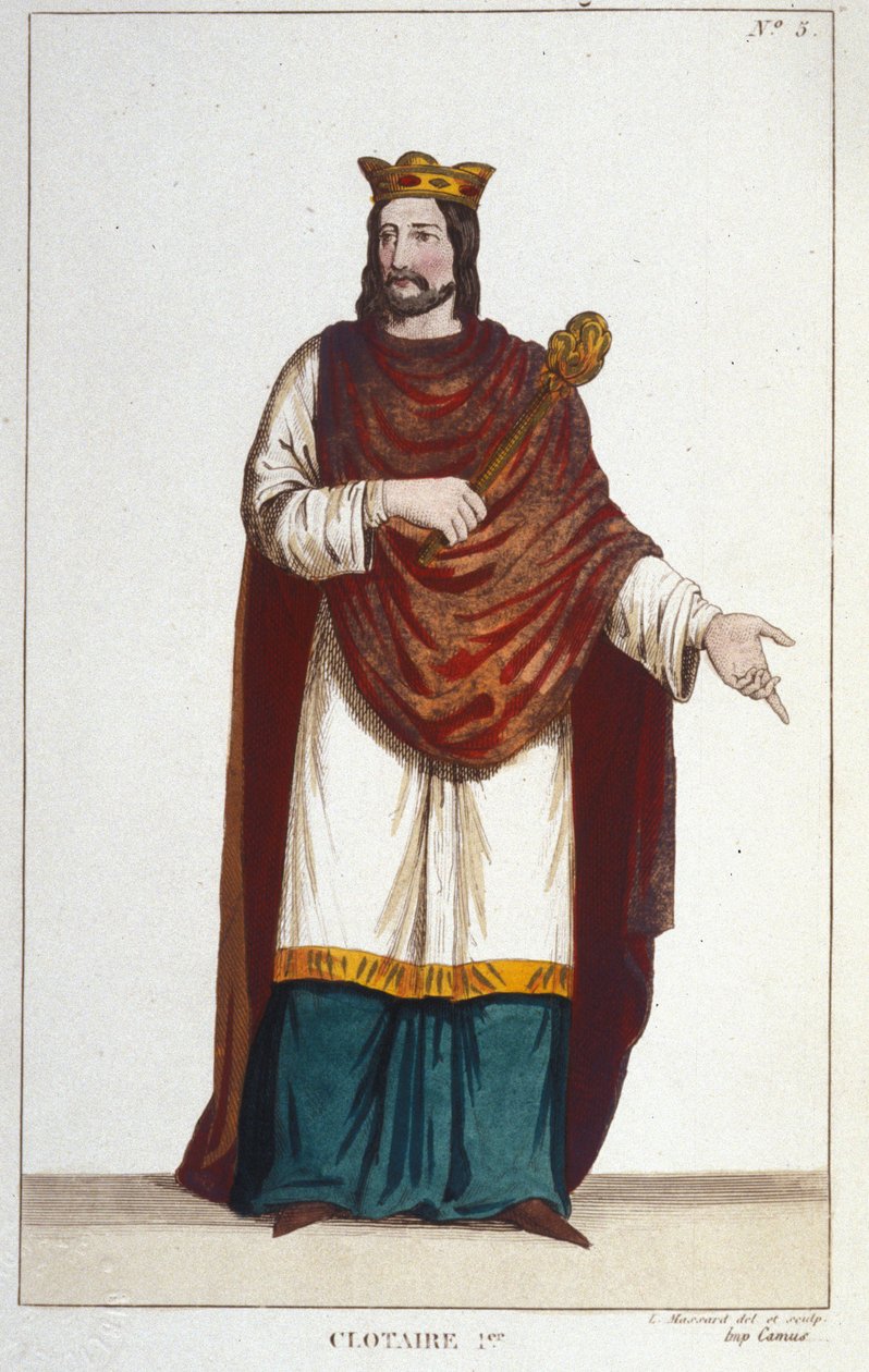 Portræt af Clotaire (Clothaire) I (497 - 561), konge af Neustrien og konge af frankerne. stik fra 1830 af Unknown artist