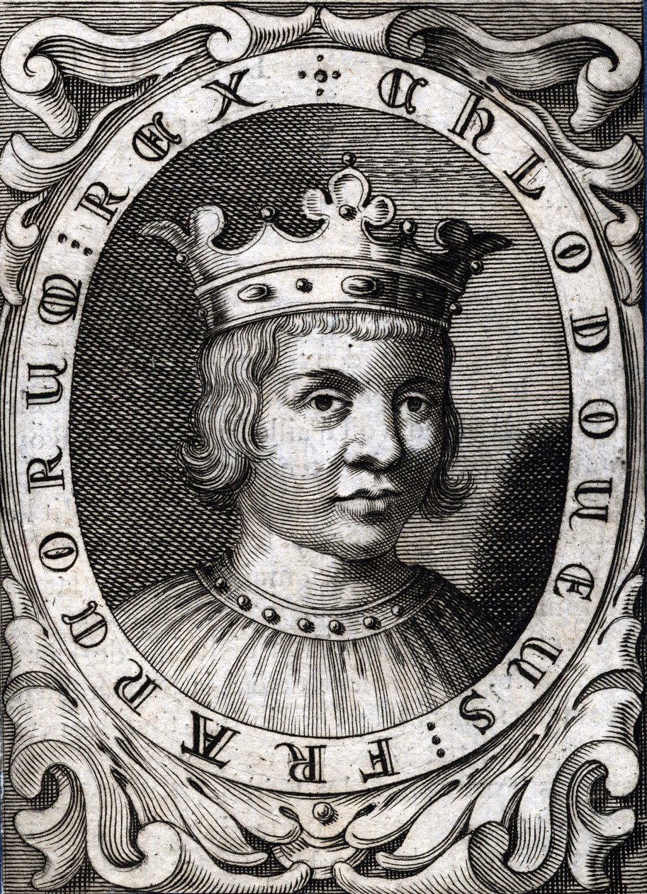 Portræt af Clovis III (? - 695), konge af Austrasia. 1700-tals stik af Unknown artist