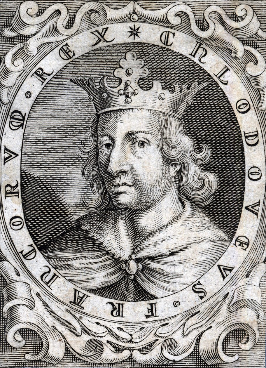 Portræt af Clovis II (? - 657), konge af Neustrien, Bourgogne og Austrasien, gravering fra det 18. århundrede af Unknown artist