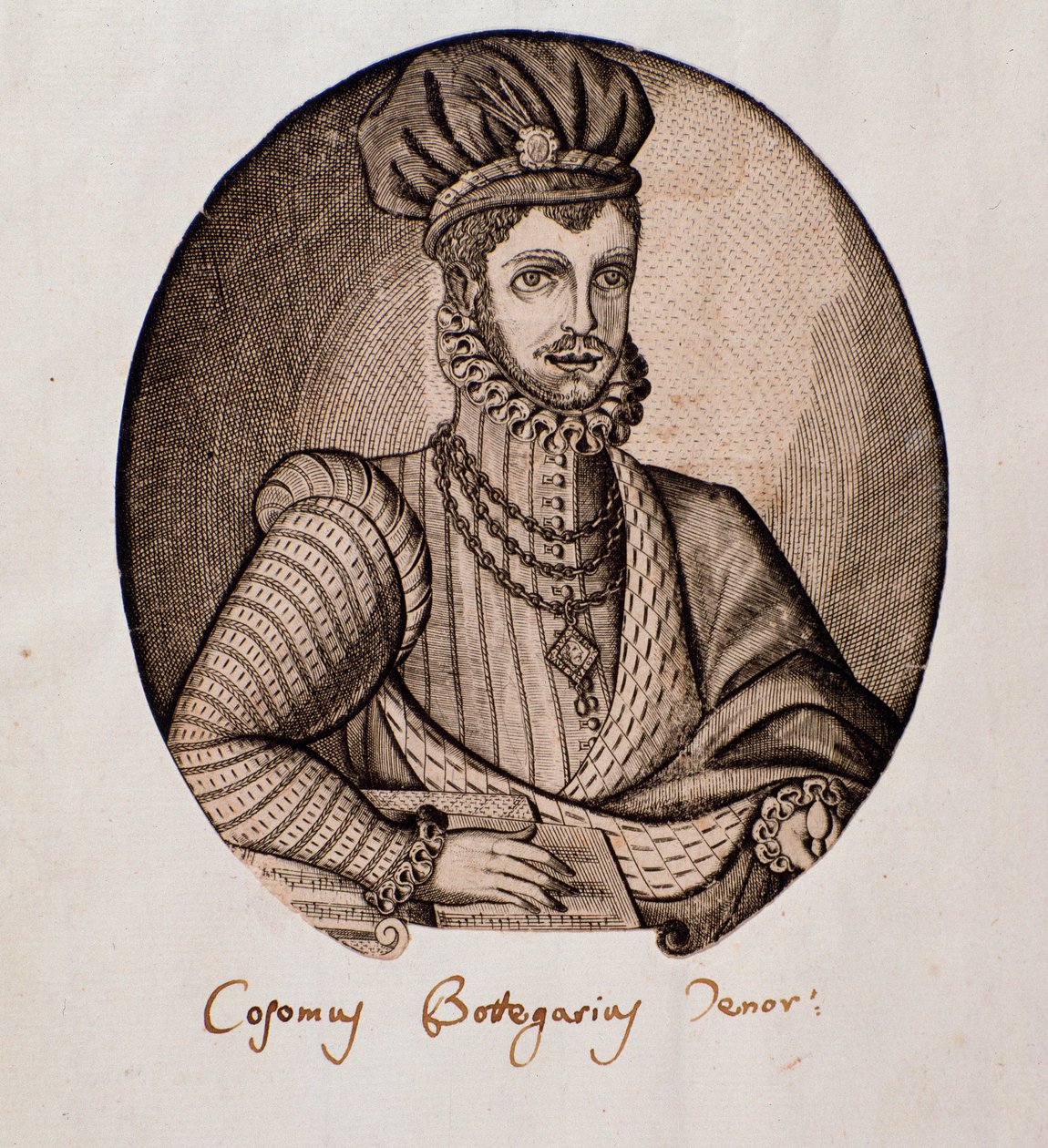 Portræt af Cosimo Bottegari (1554-1620) italiensk lutenist og komponist Gravering. Bologna fra det 17. århundrede, borgerligt musikbibliografisk museum af Unknown artist
