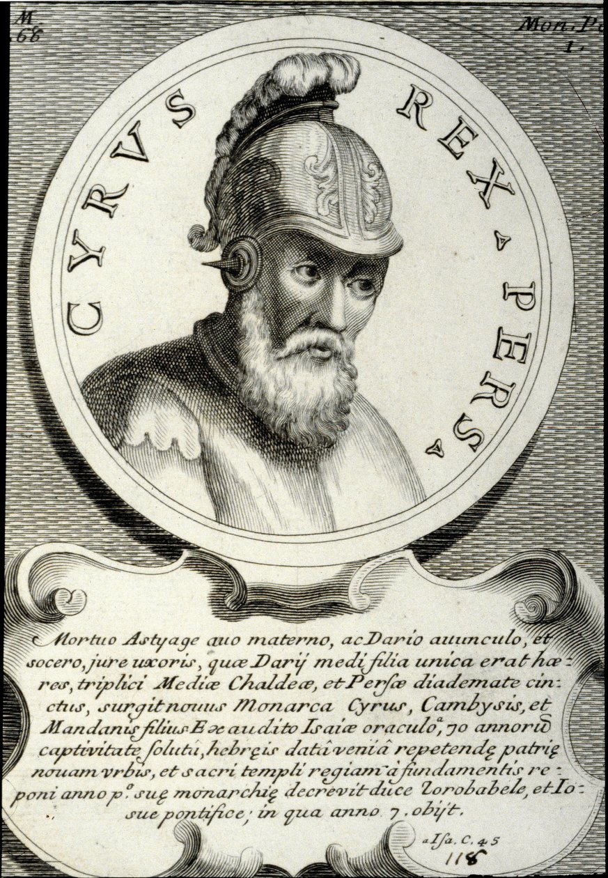 Portræt af Kyros II (ca. 559-529 f.Kr.) kaldet Kyros den Store, grundlæggeren af det persiske imperium. Indgravering af privatsamlingen fra det 18. århundrede af Unknown artist